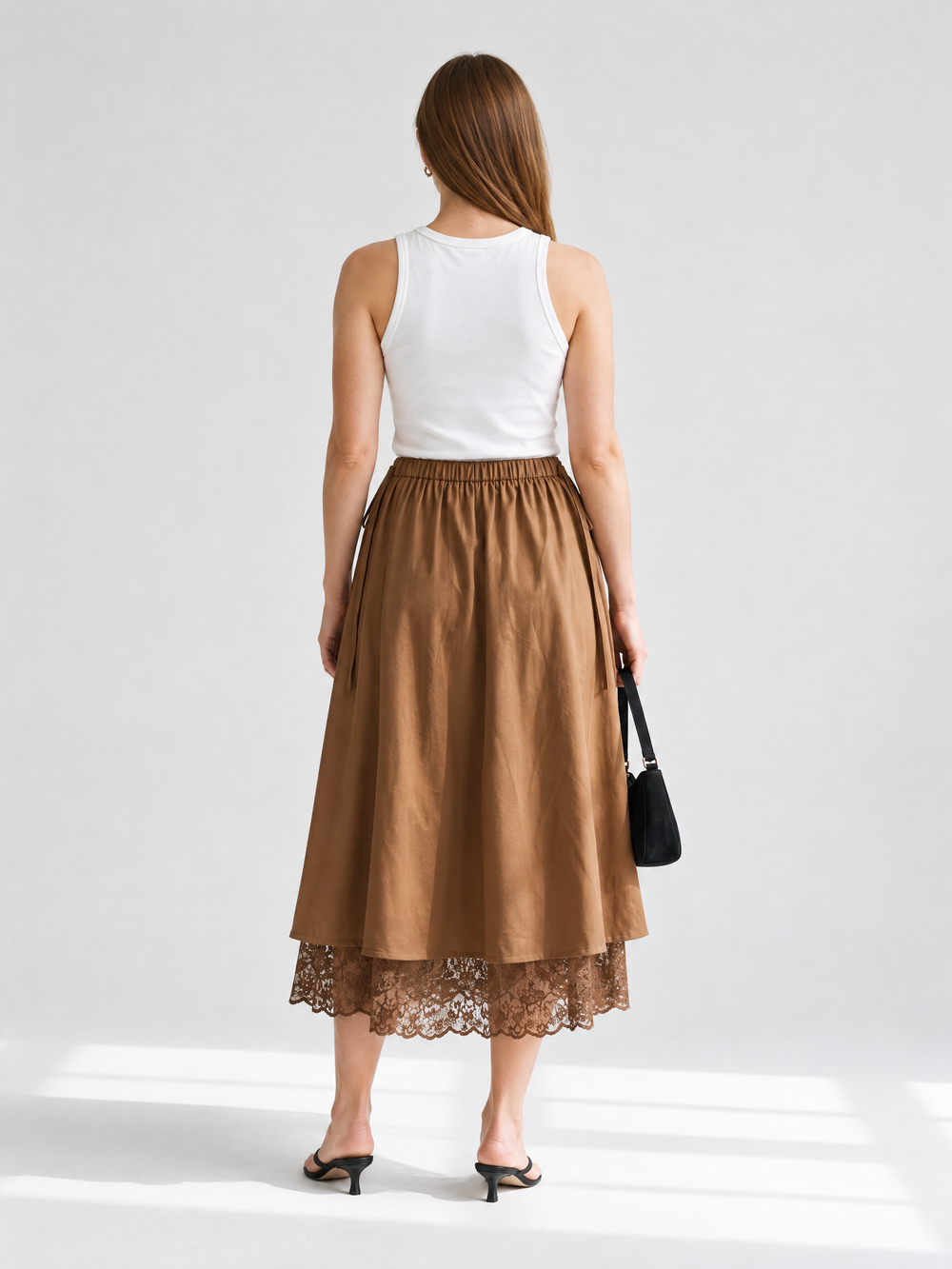 Lace-Layered A-Line Midi Skirt, Brown