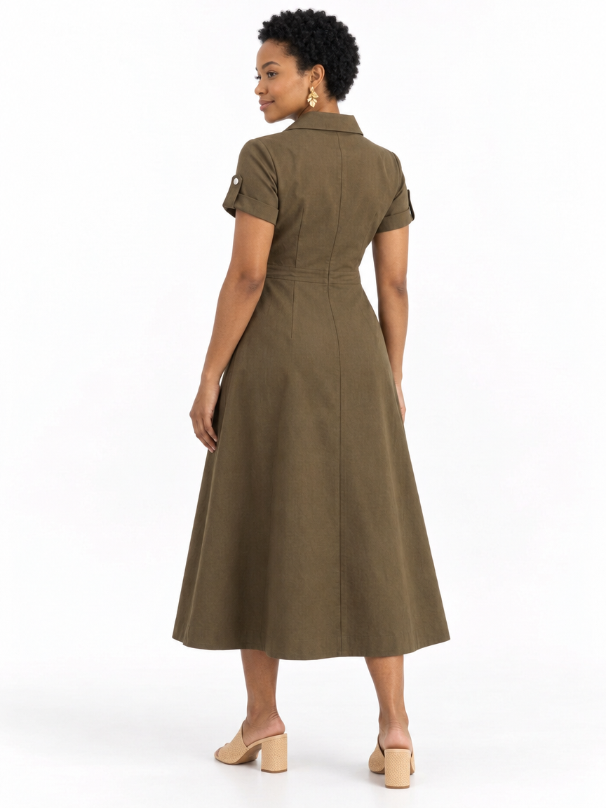 Zip-Front Utility Midi Dress — Brown