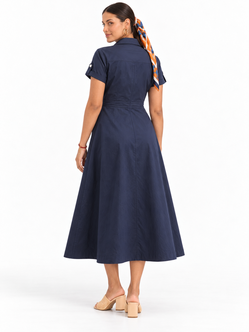 Zip-Front Utility Midi Dress — Navy