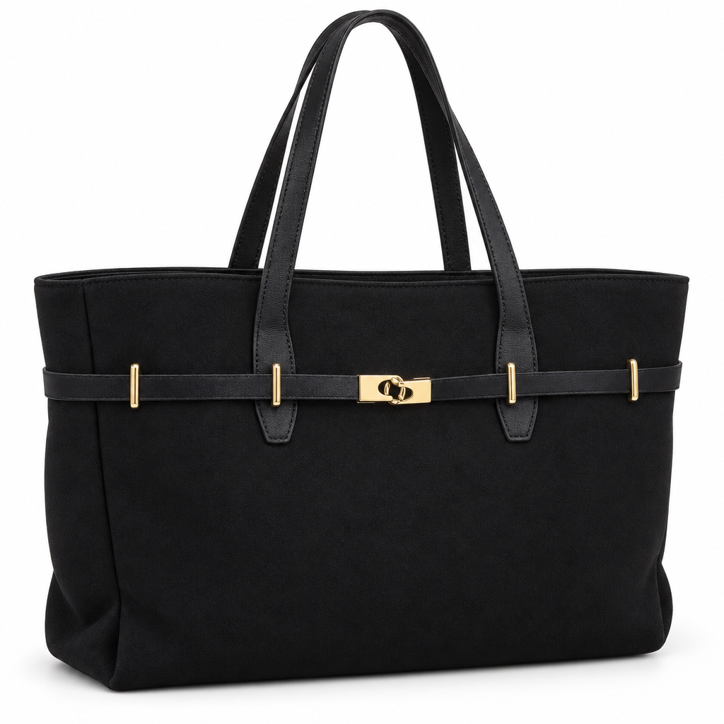 Gold-Clasp Belted Tote, Black