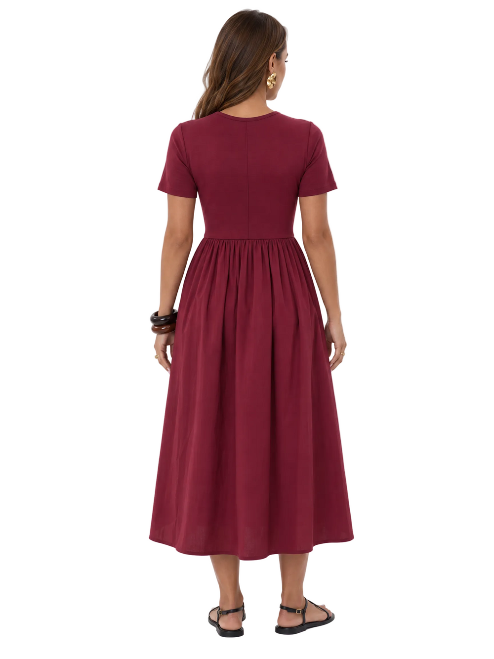 Back view of THE LAMORAH burgundy midi dress, showing the fitted short-sleeve bodice, gathered waist and full skirt.