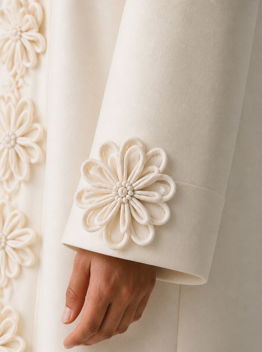 Close-up of the flower appliqué on the ivory abaya sleeve cuff
