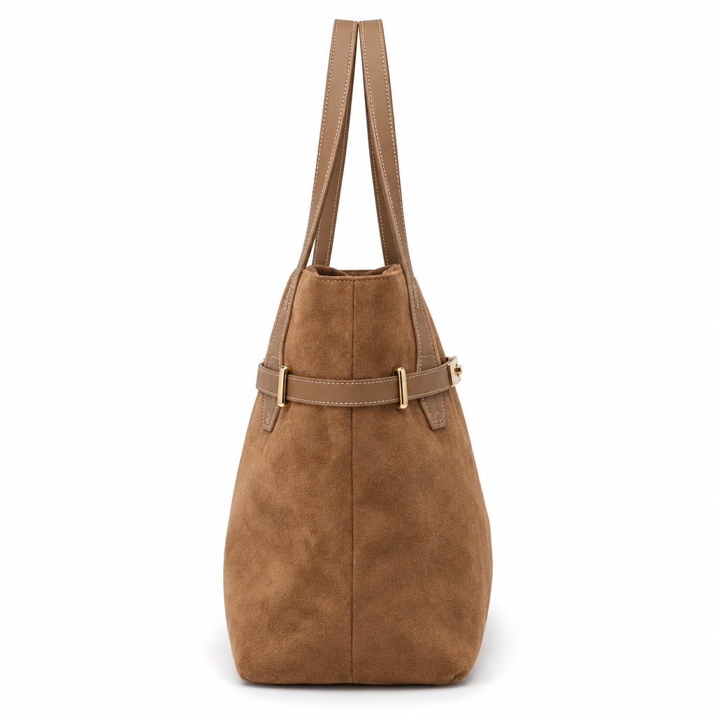 Gold-Clasp Belted Tote, Camel