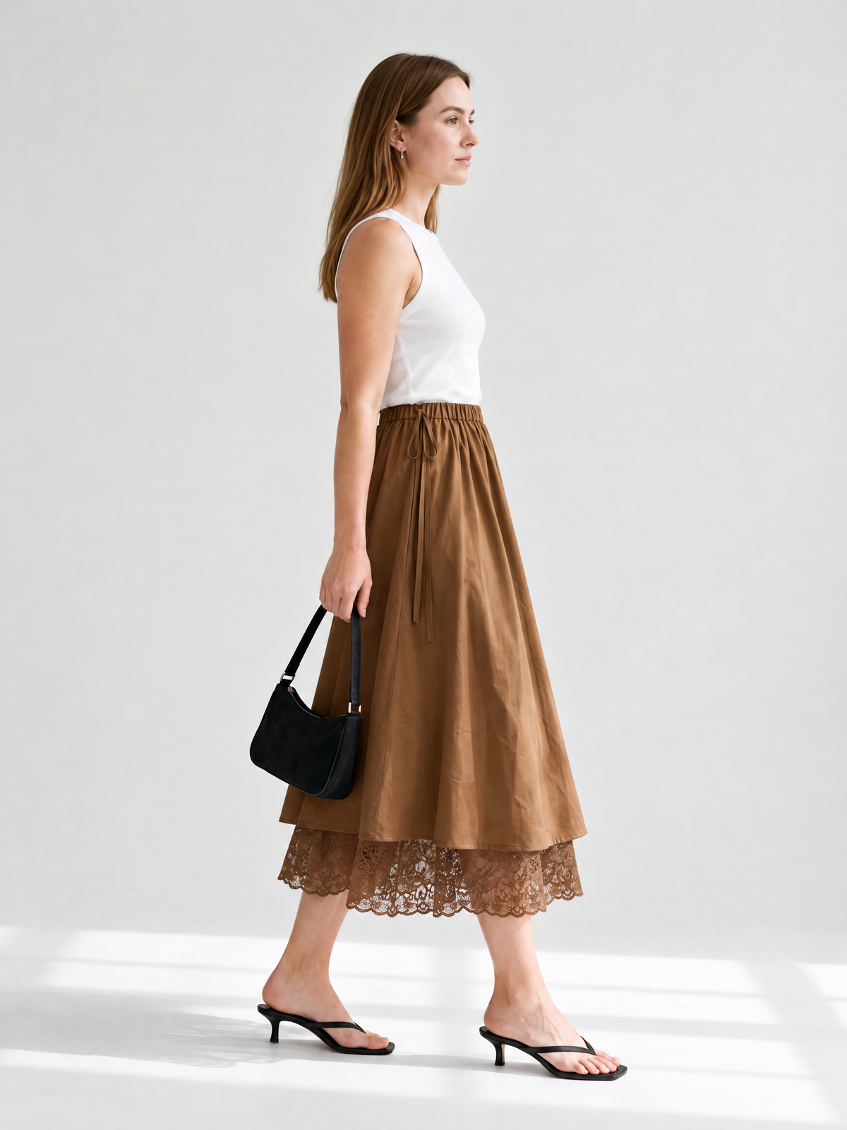 Lace-Layered A-Line Midi Skirt, Brown