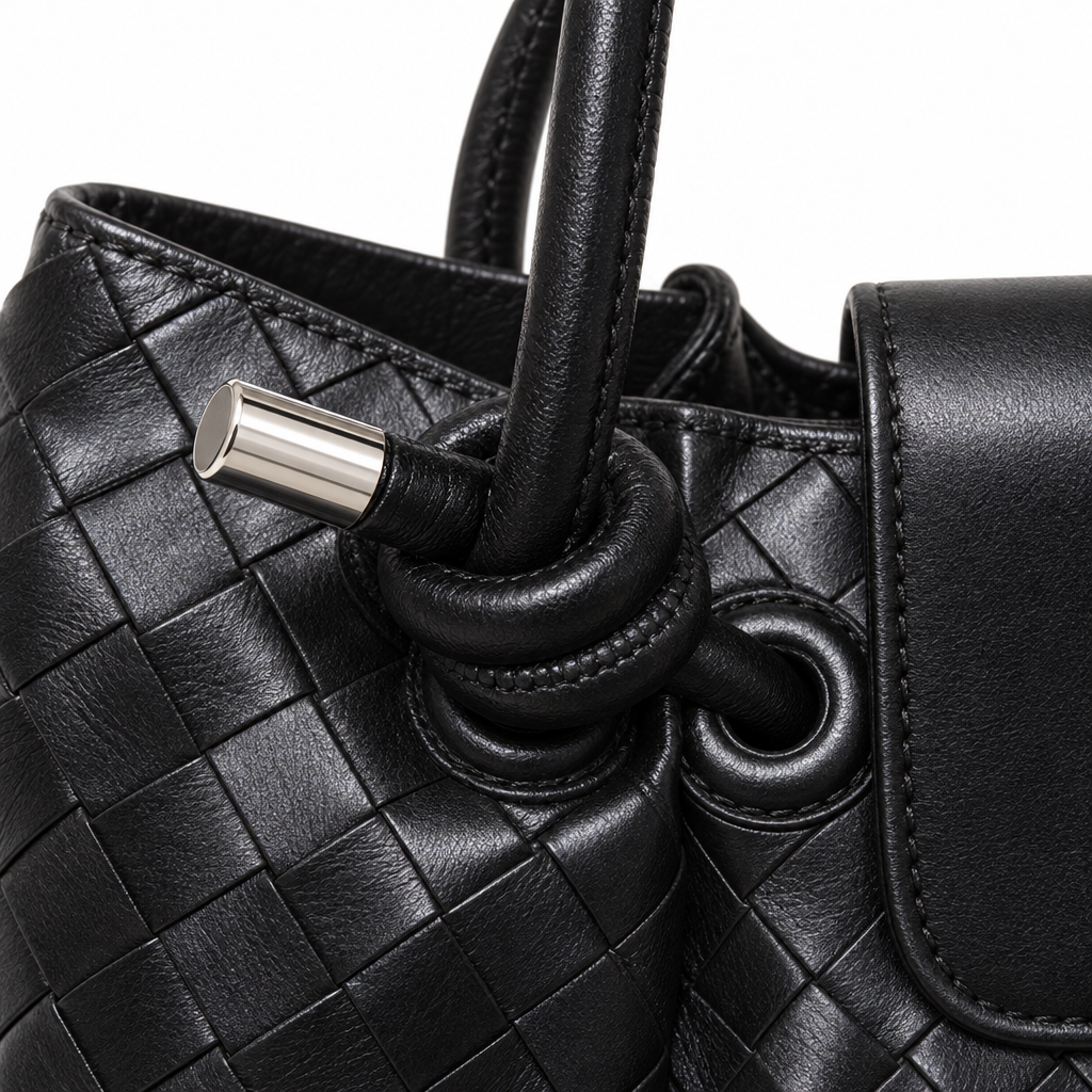 Woven Shoulder Bag with Knotted Handles, Black