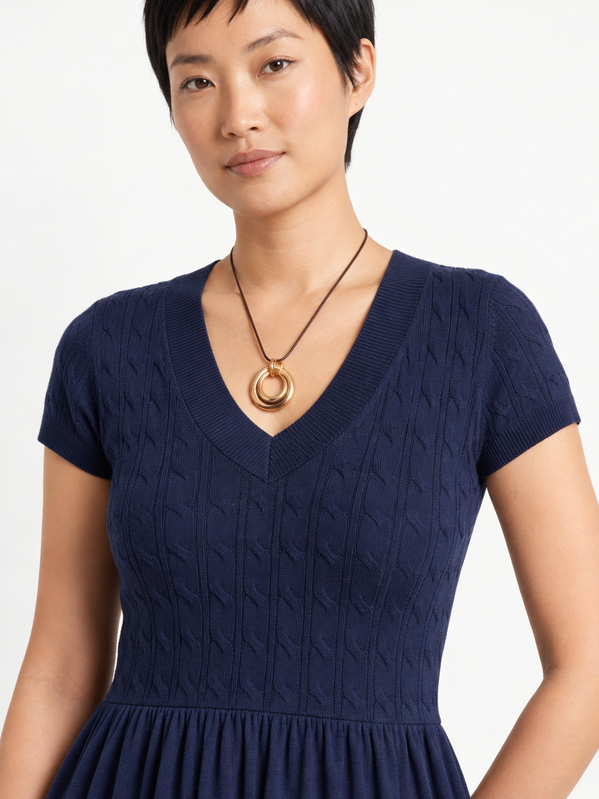 Soft Textured-Knit V-Neck Midi Dress, Navy