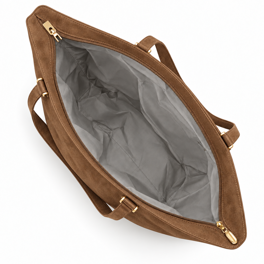 Gold-Clasp Belted Tote, Camel