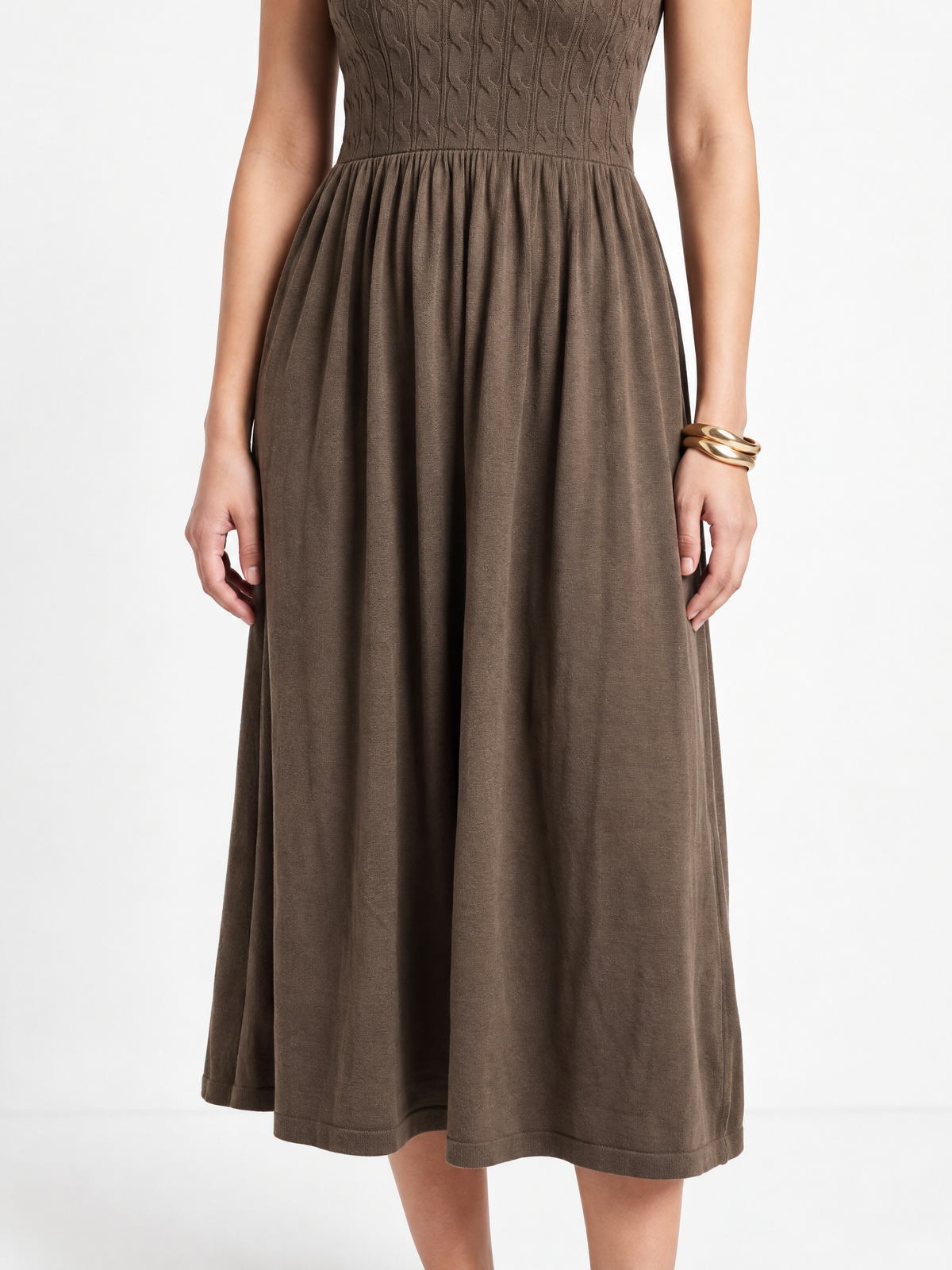 Soft Textured-Knit V-Neck Midi Dress, Brown