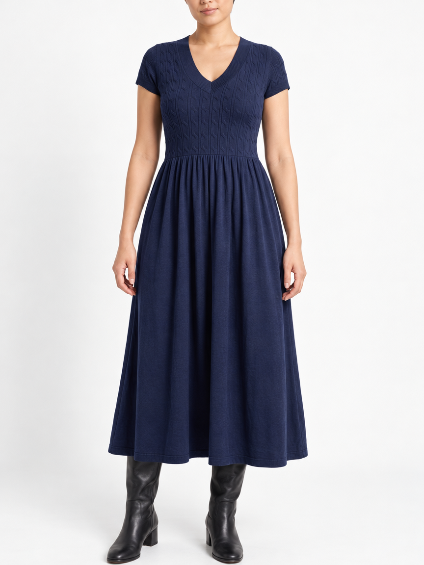 Soft Textured-Knit V-Neck Midi Dress, Navy