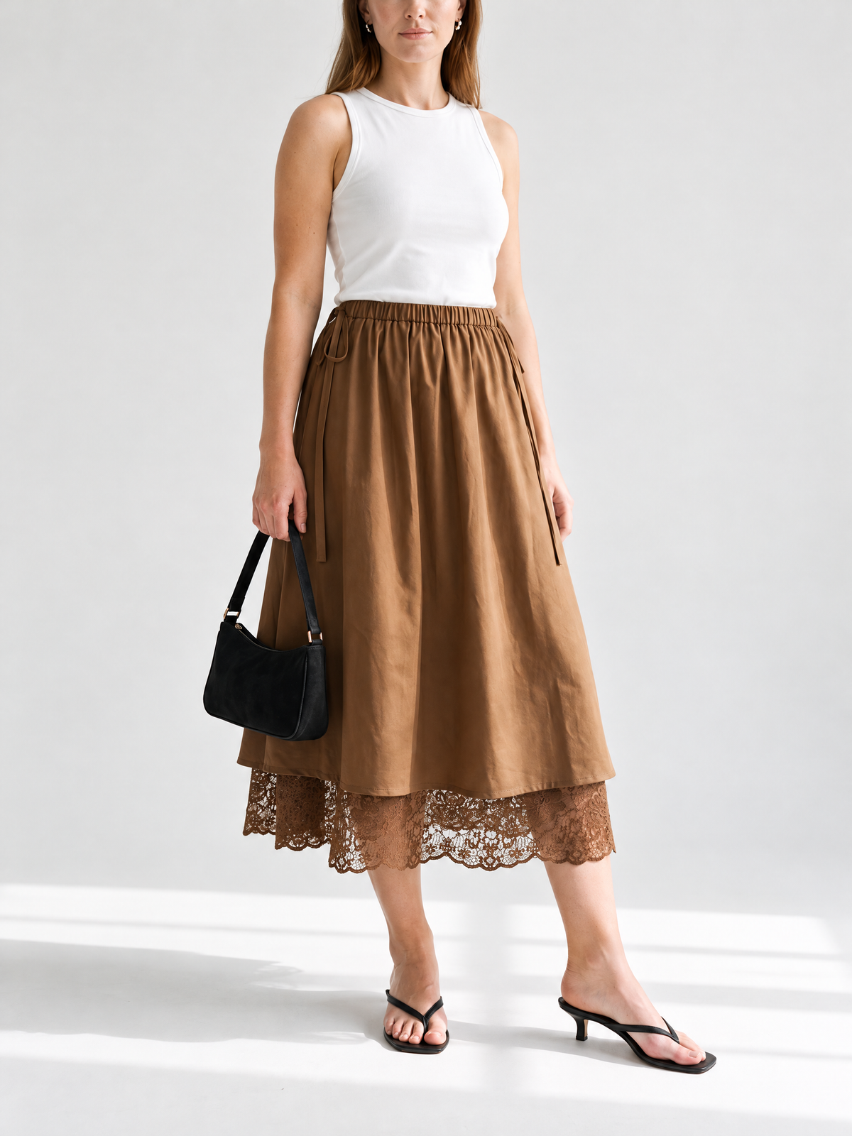 Lace-Layered A-Line Midi Skirt, Brown