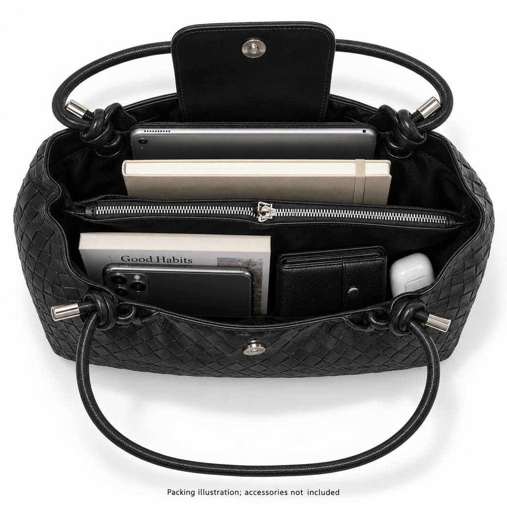 Woven Shoulder Bag with Knotted Handles, Black