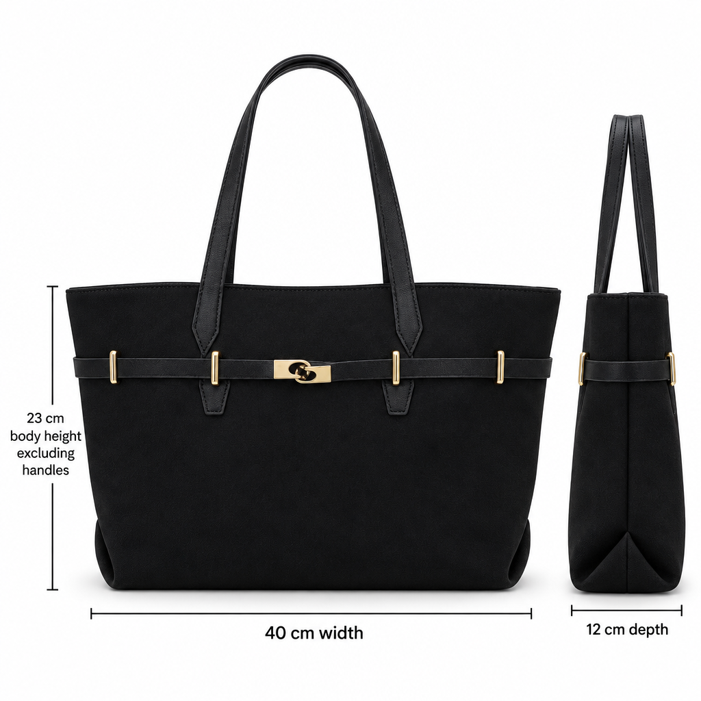 Gold-Clasp Belted Tote, Black
