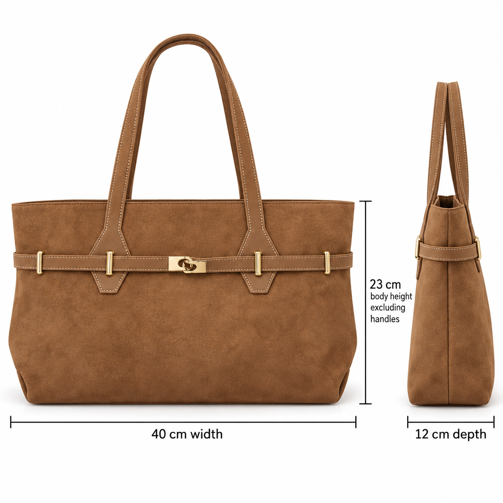 Gold-Clasp Belted Tote, Camel