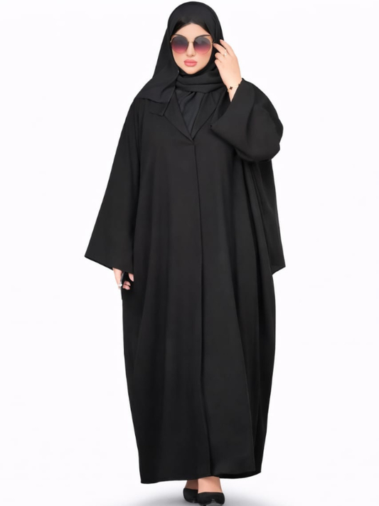 Plain black abaya with wide batwing sleeves, cut to measure by The Lamorah Dubai