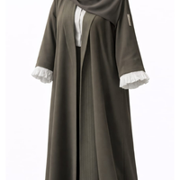 Olive abaya with a pleated front panel and white pleated cuffs, cut to measure by The Lamorah Dubai