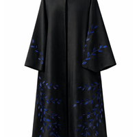 Black abaya with cobalt blue leaf and vine embroidery on the sleeves and lower body, cut to measure by The Lamorah Dubai