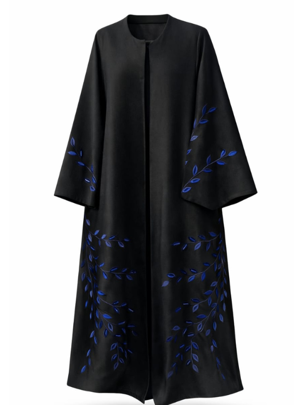 Black abaya with cobalt blue leaf and vine embroidery on the sleeves and lower body, cut to measure by The Lamorah Dubai