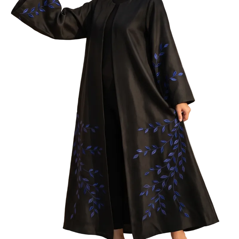 Black abaya with cobalt blue embroidery on the hem and sleeves
