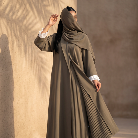 Pleated-Panel Abaya, Olive