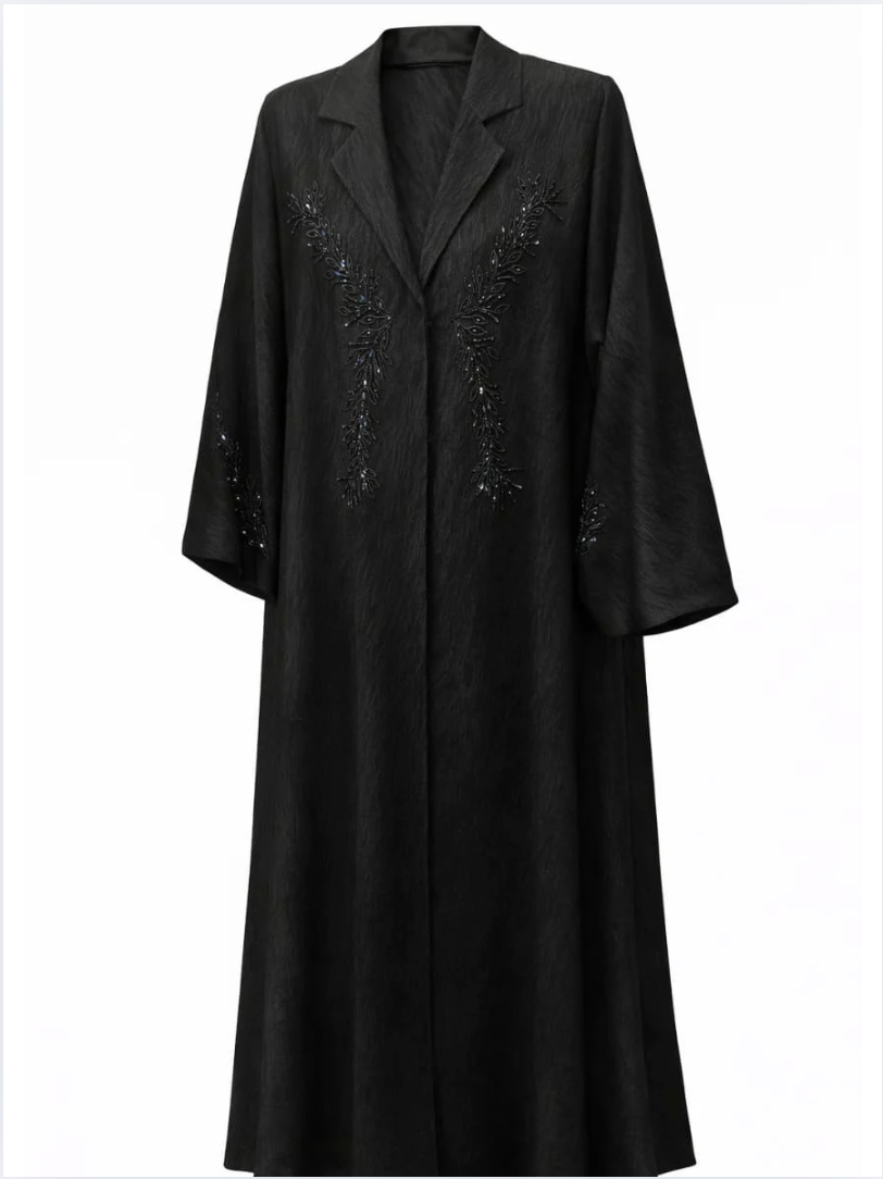 Black coat with decorative elements on a white background |THE LAMORAH
