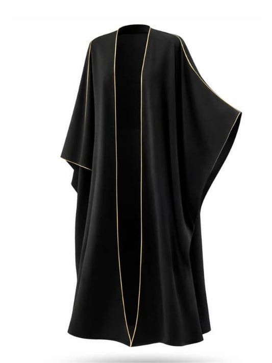 Black one-shoulder dress with gold trim on a white background |THE LAMORAH
