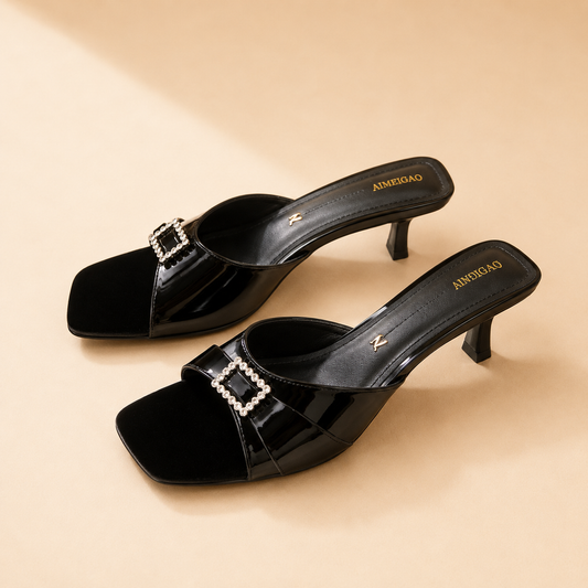 Crystal Buckle Heeled Mules