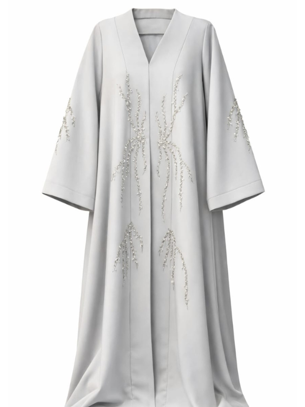 Light gray traditional garment with floral embroidery on a white background |THE LAMORAH
