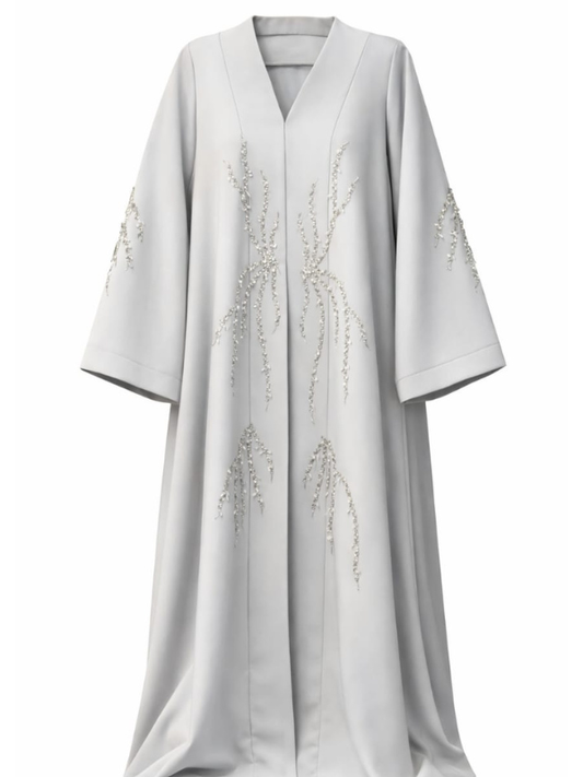 Light gray traditional garment with floral embroidery on a white background |THE LAMORAH
