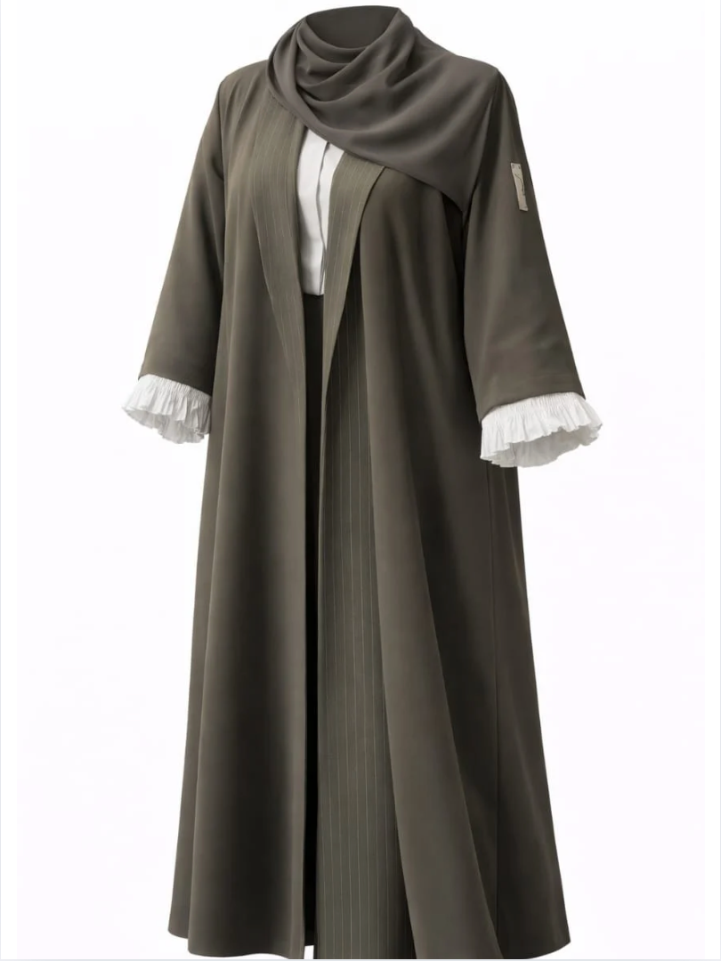 Long dark green dress with white lace cuffs on a white background |THE LAMORAH