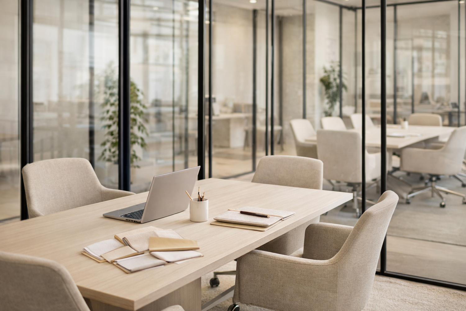 Modern office conference room with tables, chairs, and laptops.| THE LAMORAH