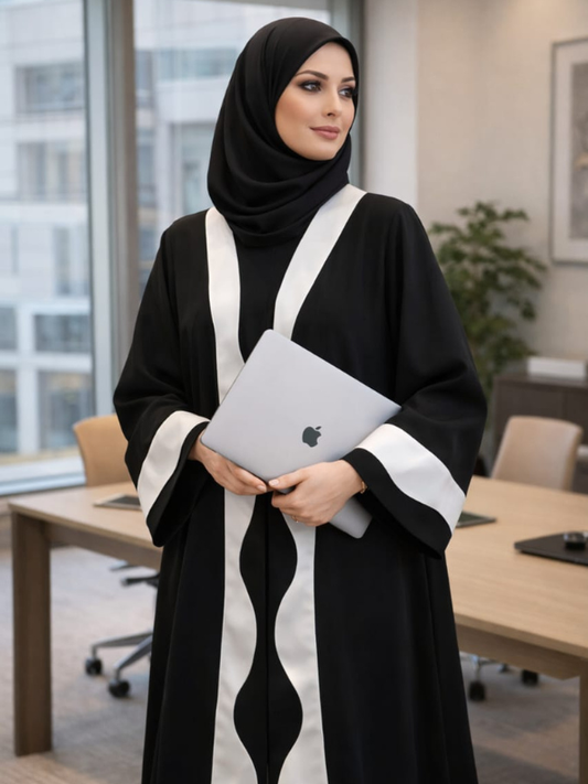 Woman in a black and white abaya holding an Apple laptop in an office setting.|THE LAMORAH
