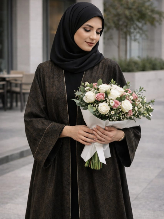 Woman in a black hijab holding a bouquet of flowers outdoors. |THE LAMORAH
