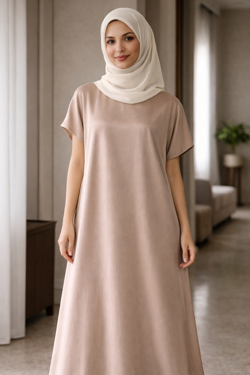 Woman wearing a beige under abaya dress and hijab in a room with neutral decor |THE LAMORAH

