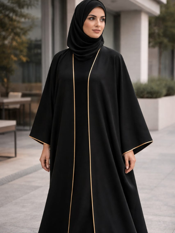 Woman wearing a black abaya with gold trim outdoors.|THE LAMORAH
