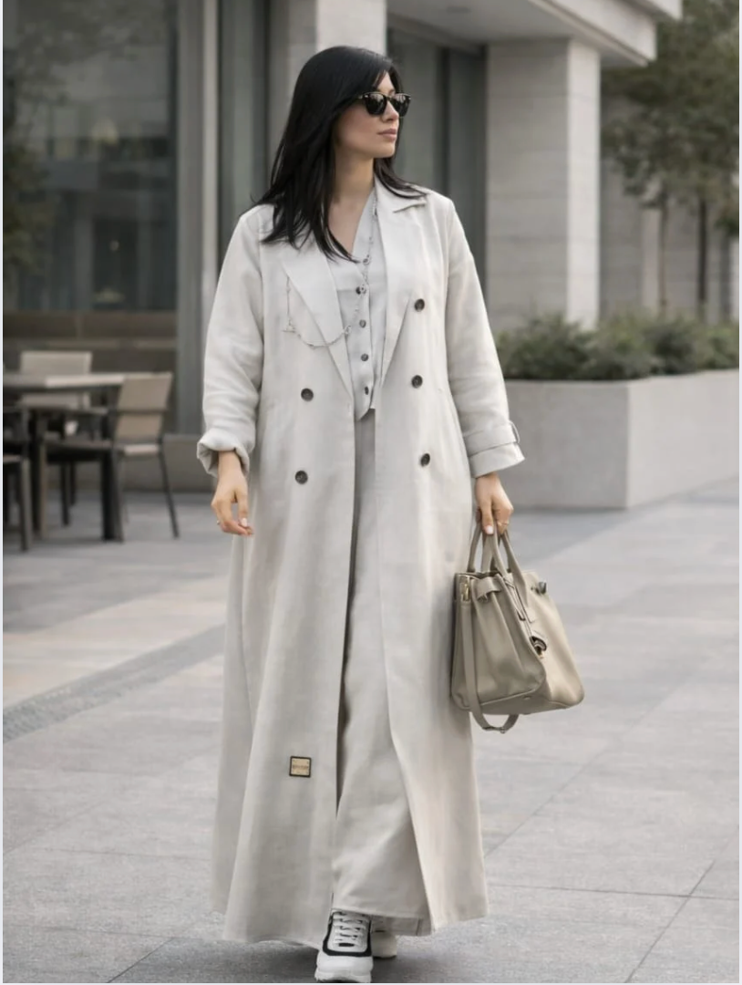 Woman wearing a long light gray coat and holding a handbag on a city street. |THE LAMORAH
