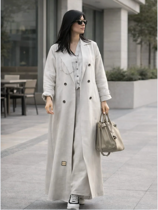 Woman wearing a long light gray coat and holding a handbag on a city street. |THE LAMORAH
