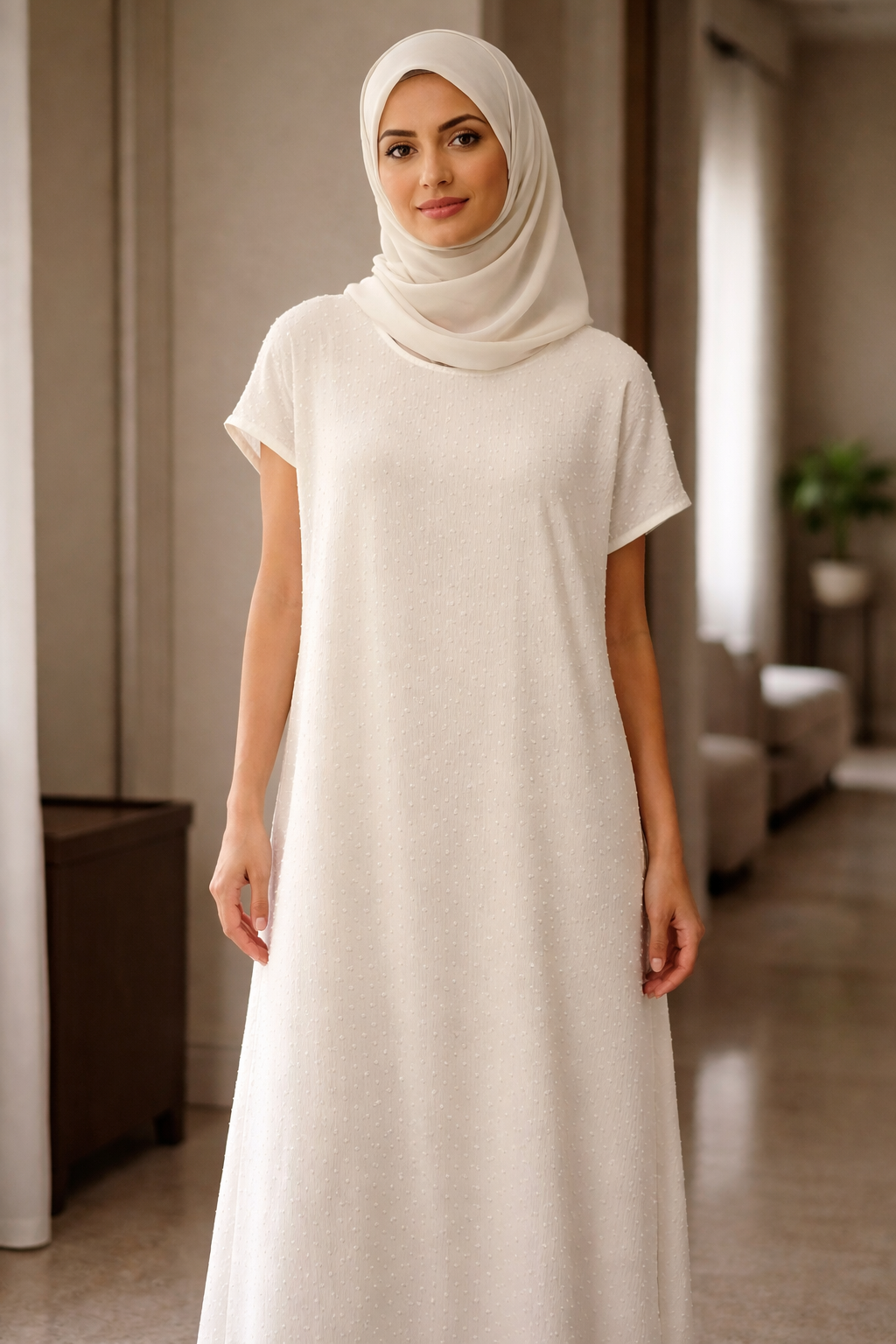 Woman wearing a white under abaya dress and hijab in an indoor setting |THE LAMORAH