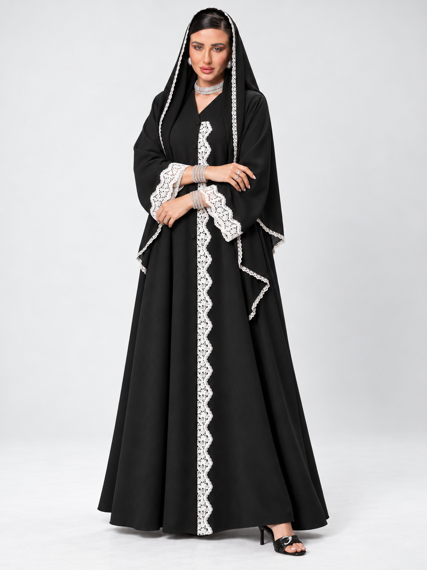 White Dentelle Abaya with Sheila, Black
