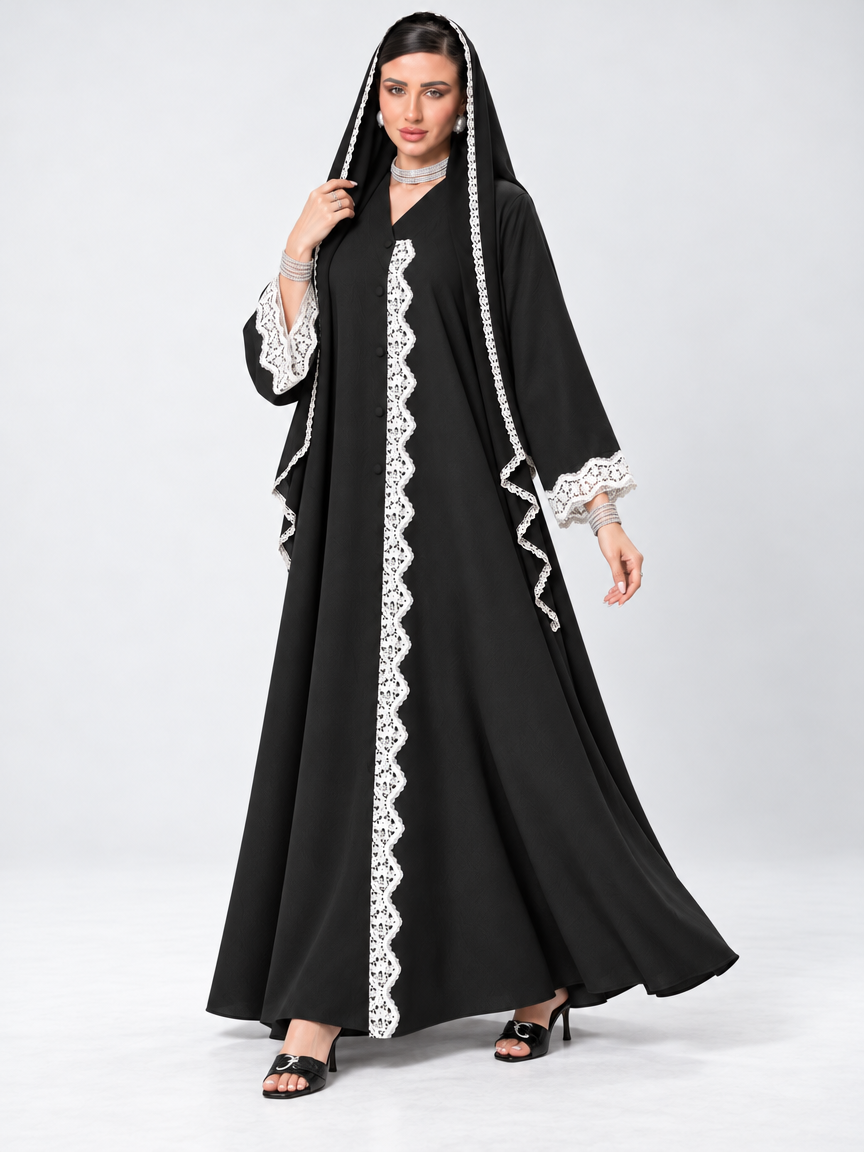 White Dentelle Abaya with Sheila, Black