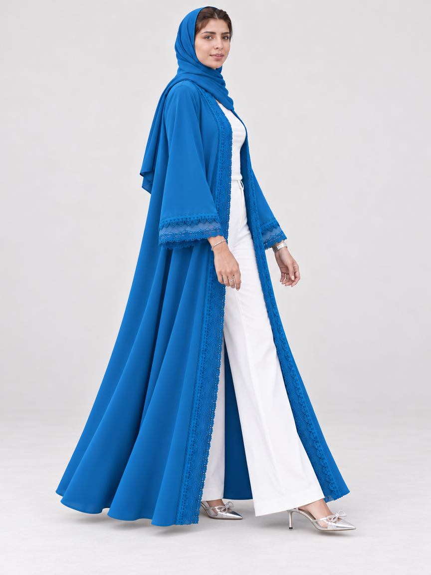 Blue Dentelle Abaya with Sheila, Blue
