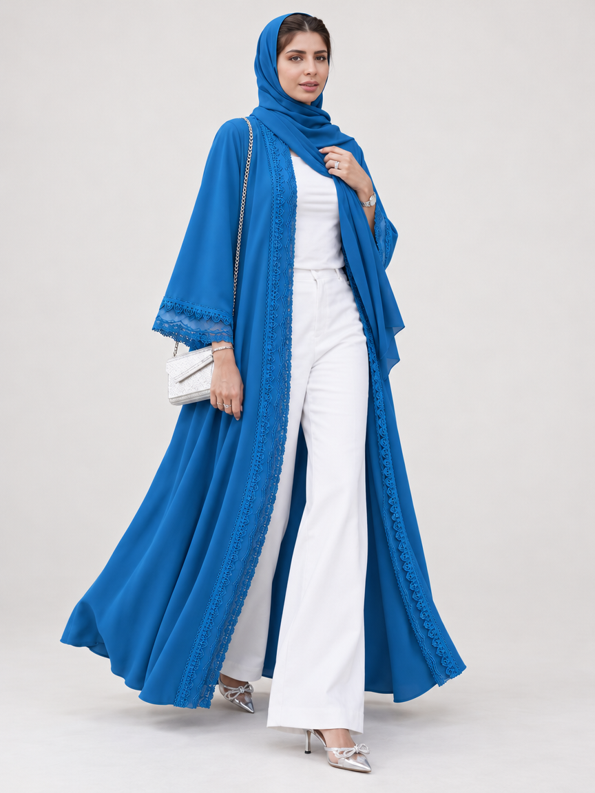 Blue Dentelle Abaya with Sheila, Blue
