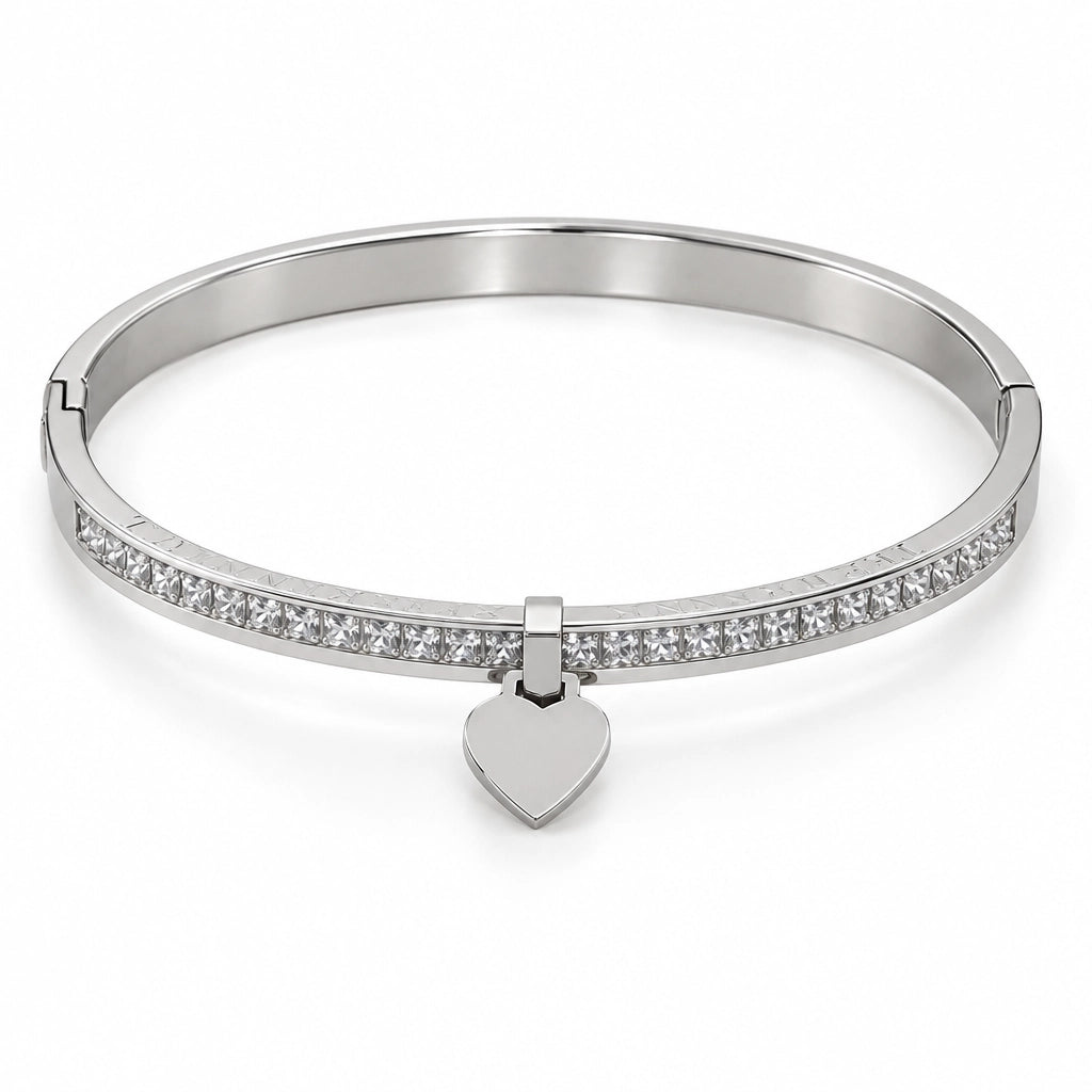 Heart-Charm Stainless Steel Bangle, Silver