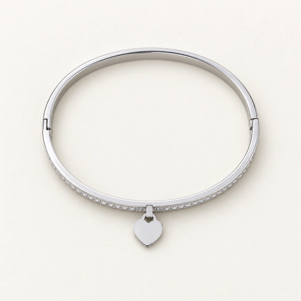 Heart-Charm Stainless Steel Bangle, Silver
