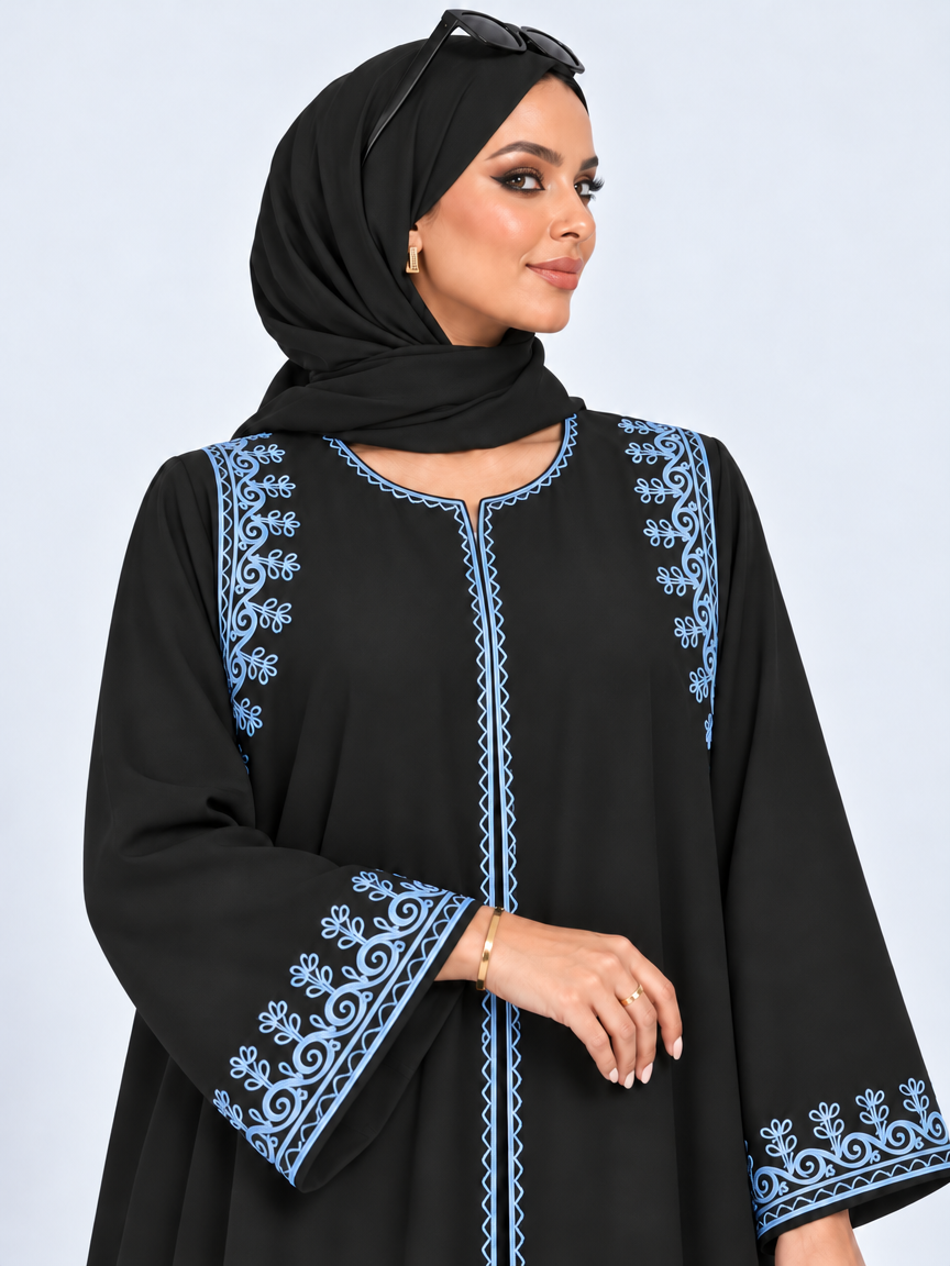 Blue Embroidered Abaya with Sheila — Black