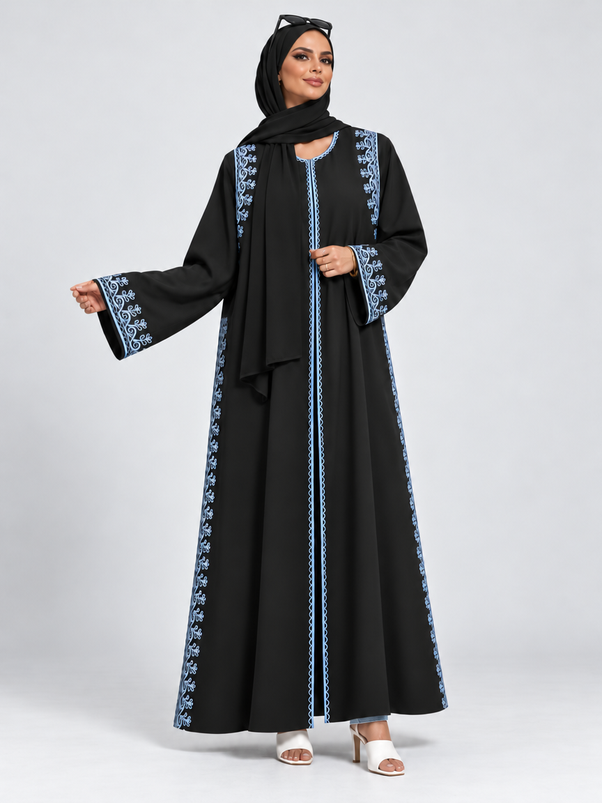 Blue Embroidered Abaya with Sheila — Black