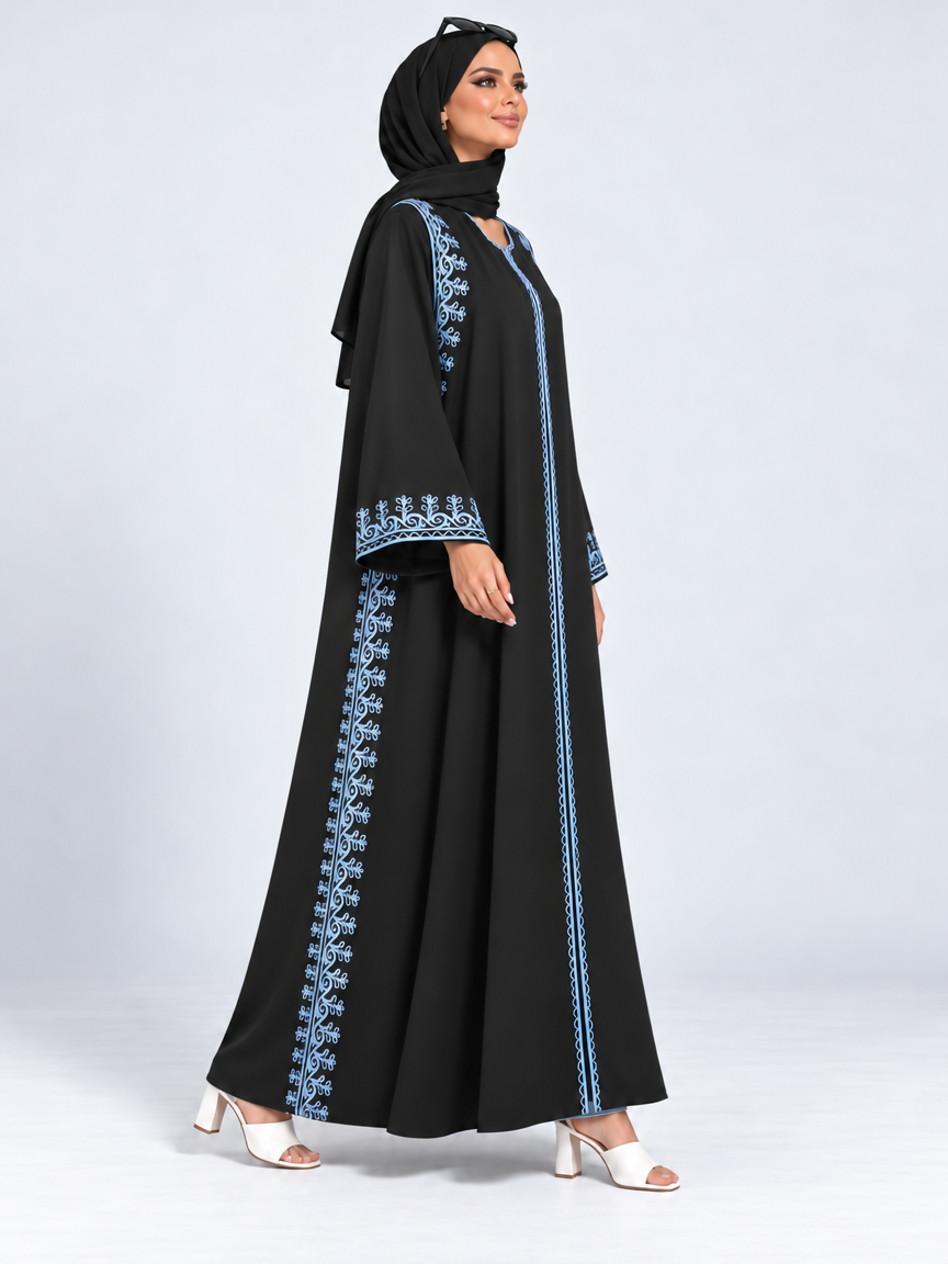 Blue Embroidered Abaya with Sheila — Black