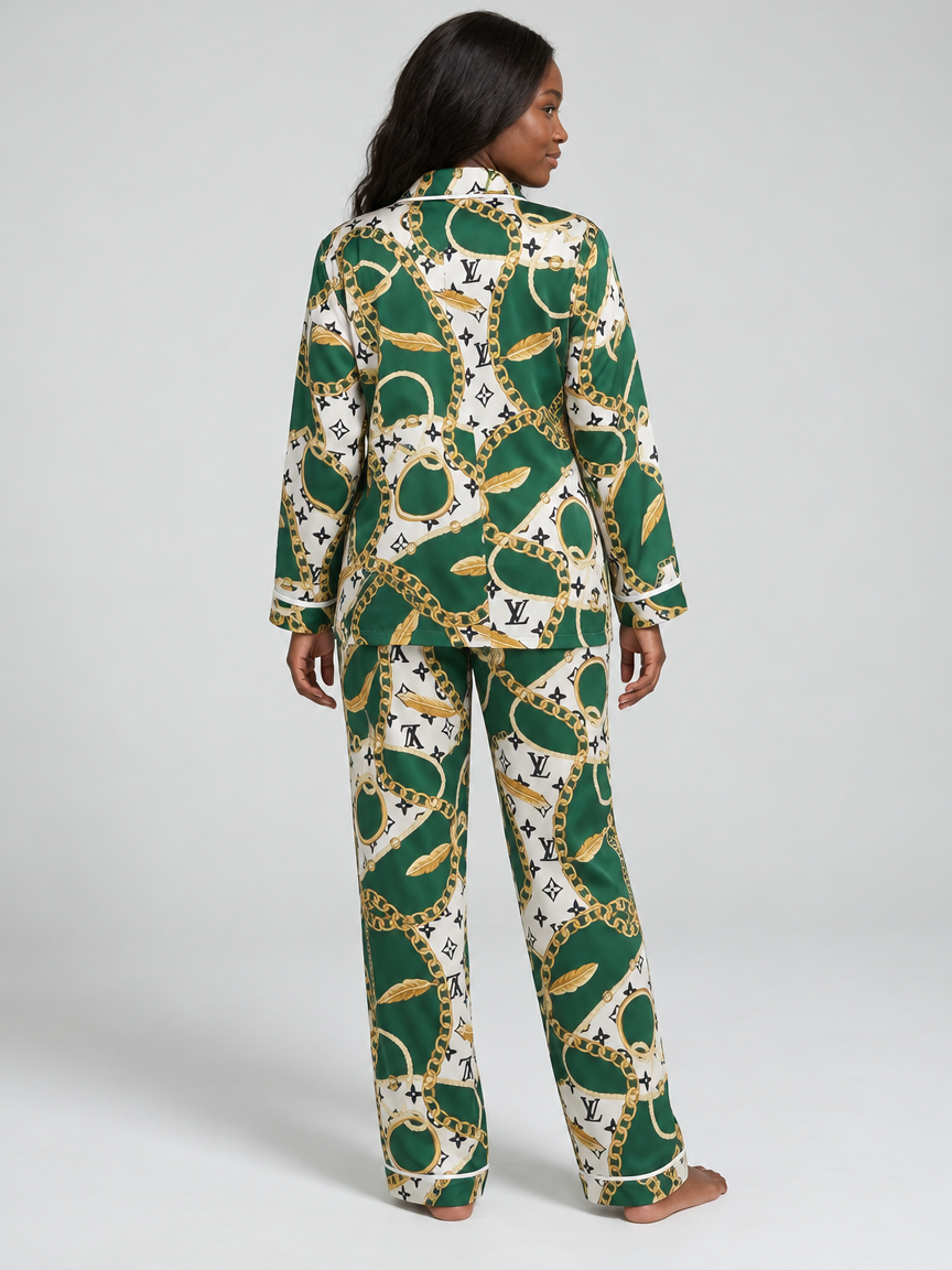 Chain-Print Relaxed Pajama Set, Green