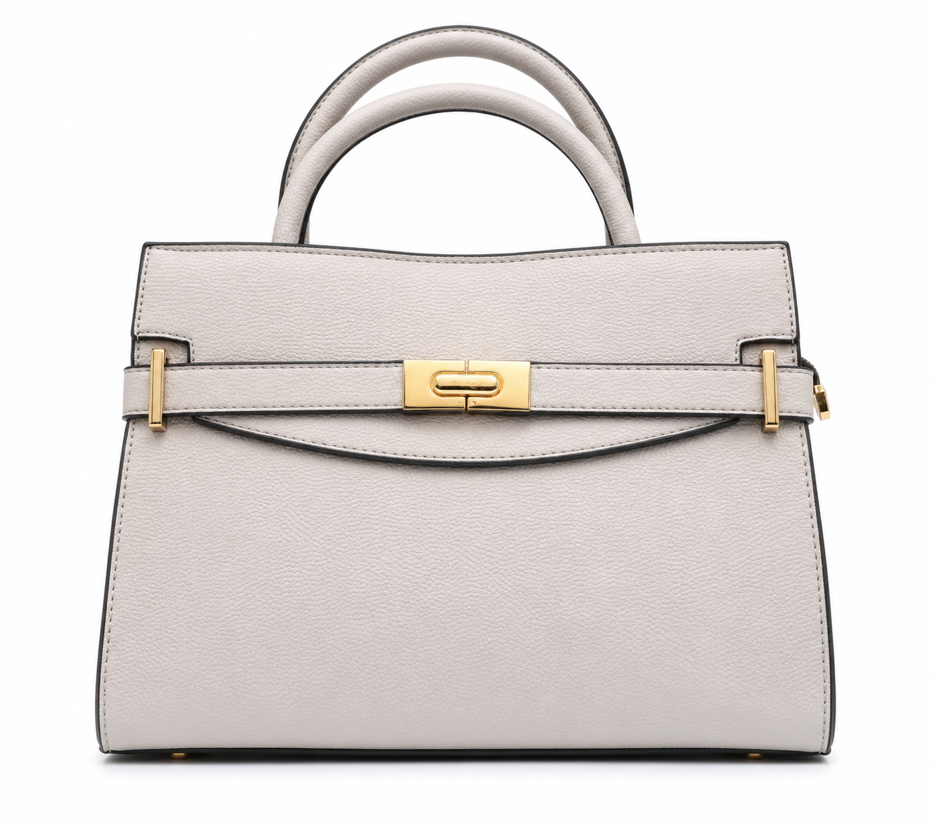 Dove grey pebbled structured top-handle bag with gold twist lock and a belt across the front, from The Lamorah Dubai
