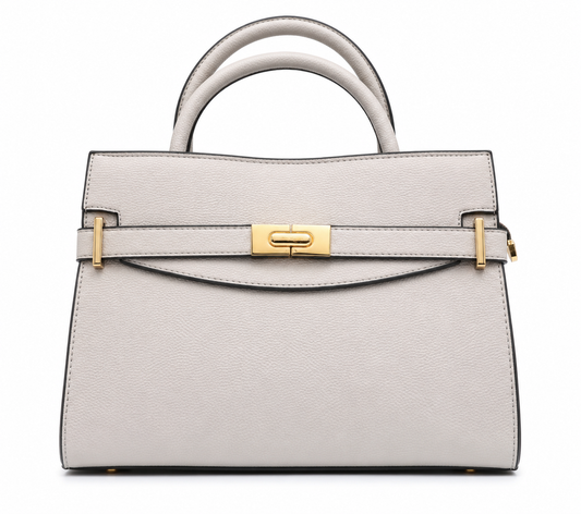 Dove grey pebbled structured top-handle bag with gold twist lock and a belt across the front, from The Lamorah Dubai