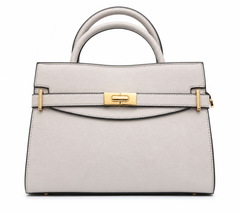 Dove grey pebbled structured top-handle bag with gold twist lock and a belt across the front, from The Lamorah Dubai